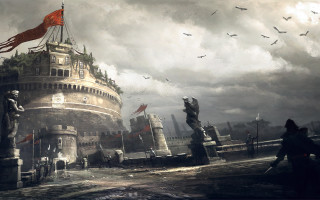 Castle flag birds man bridge - a painting of a castle free wallpaper