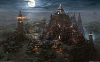 City full moon painting night - fantasy art free wallpaper