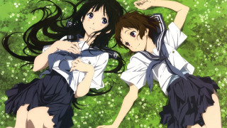 Two girls school uniforms laying - the grass together free wallpaper