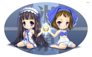 Anime girls blue background white 2 - two anime girls sitting next free wallpaper