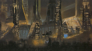 Futuristic city tall buildings night - fog free wallpaper
