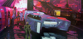 Futuristic city car man pink - free sci-fi wallpaper