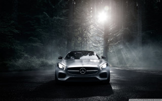 Mercedes sports car forest night 3 - photorealistic lighting free wallpaper