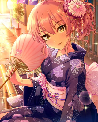 Woman kimono fan flower holding - a bench free wallpaper