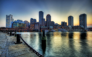 City skyline water dock fence - a chain link fence free wallpaper