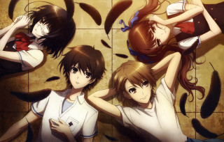 Anime girls posing feathers room - a picture together free wallpaper