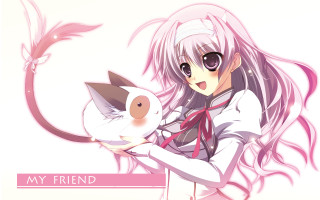 Girl holding cat pink ribbon - a pink ribbon free wallpaper