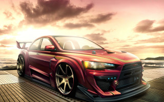 Red car wooden deck ocean - dramatic free wallpaper