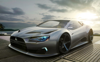 Silver sports car ocean sunset - cgstudio free wallpaper