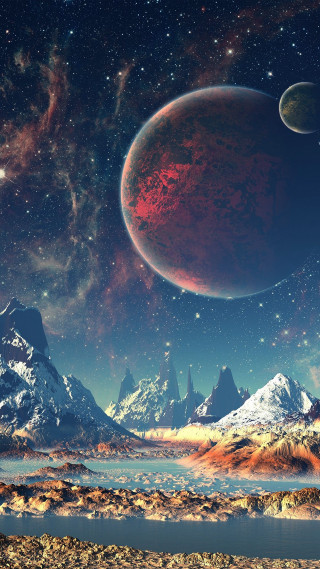Planet mountains lake star filled - a detailed matte painting free wallpaper