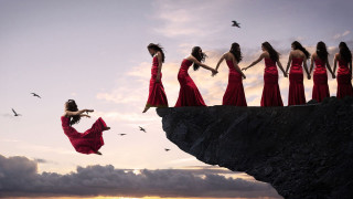 Woman red dress jumping cliff - a surrealist painting free wallpaper