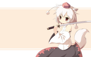 Woman sword cat shoulder portrait - a beige background free wallpaper