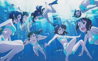 Women bikinis swimming ocean sharks - a man in the background free wallpaper