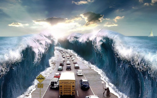 Crashing wave road cars boat - car free wallpaper