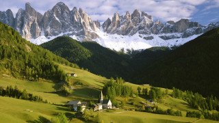 Mountain church snow capped trees - mountain in the background free wallpaper
