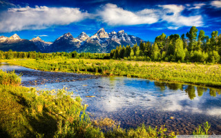 River forest green sky clouds - cloud and mountains free wallpaper