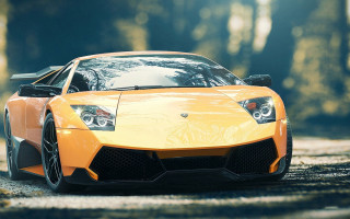 Yellow sports car woods gravel - photorealistic lighting free wallpaper