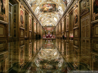Long hallway gold ceiling red - renaissance oil painting free wallpaper
