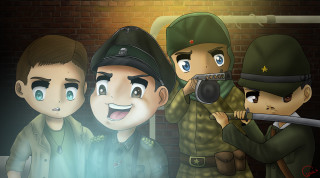 Group people brick wall gun - detailed face free wallpaper