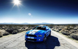 Blue mustang car desert road 2 - the horizon behind free wallpaper