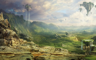 Mountain landscape waterfall distance middle - matte painting concept art free wallpaper