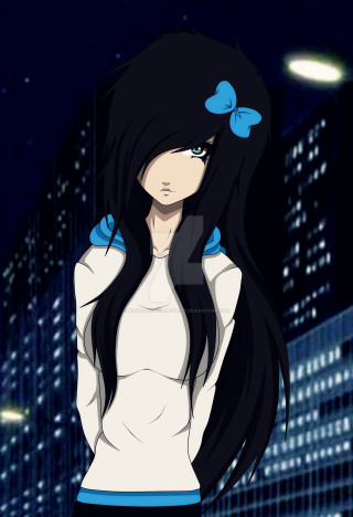 Girl long black hair blue - a city free wallpaper