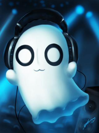 Ghost headphones microphone blue background - spooky free wallpaper
