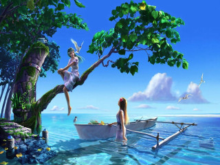 Girl sitting tree lake boat - another girl free wallpaper