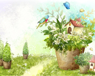 Potted plant bird house flying - digital painting free wallpaper