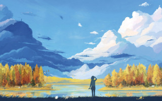 Person lake trees background clouds 2 - sky free wallpaper