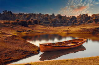 Boat shore lake autumn sunset - david martin free wallpaper for desktop