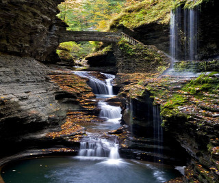 Waterfall bridge river fall leaves - a bridge over free wallpaper
