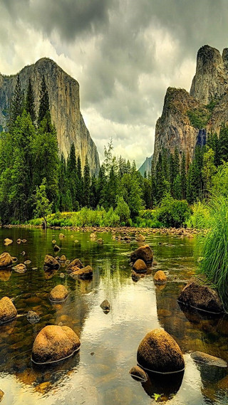 River rocks grass mountains clouds - beautiful landscape free wallpaper