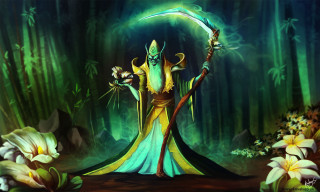 Wizard holding staff forest flowers - a green glow free wallpaper