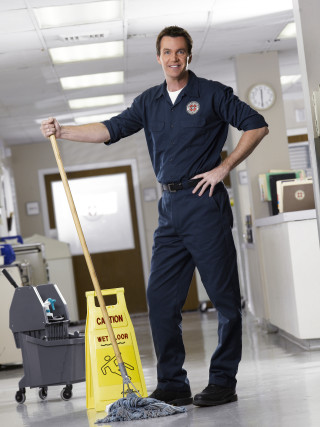 Man blue uniform cleaning floor - dan content free wallpaper