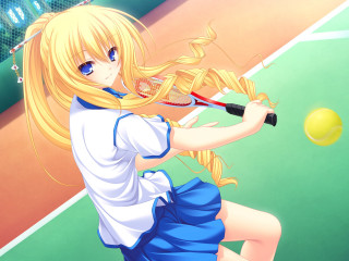 Girl blue dress tennis racket 3 - flowing hair free wallpaper