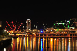 Bridge lights water night buildings - colour free wallpaper