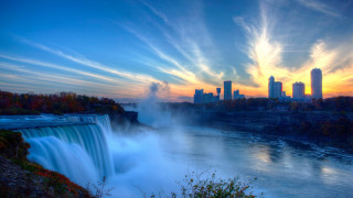 Waterfall city sunset clouds spray 2 - the fall free wallpaper
