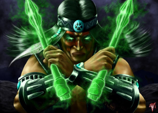 Man green hair green swords - epic fantasy character art free wallpaper