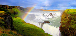 Rainbow waterfall ocean sky above - allan linder free wallpaper