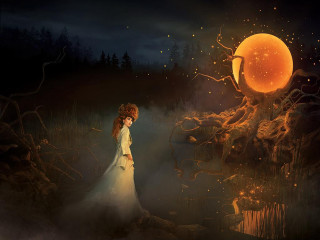 Woman white dress field tree - full free wallpaper