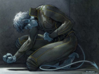 Kneeling man blue skin white - a hose free wallpaper