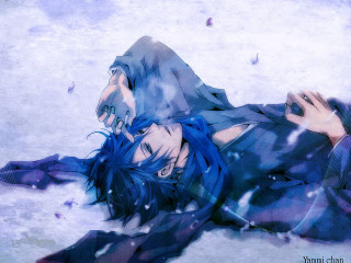 Blue haired gothic anime laying - her head free wallpaper