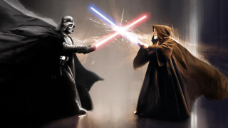 Costumed duel lightsaber faces lit - a light saber free wallpaper