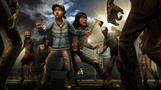 Zombies city street man knife - his hand and a woman holding free wallpaper