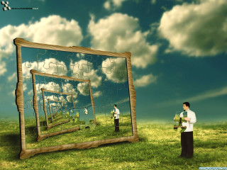 Man field puzzle piece woman - a surrealist painting free wallpaper
