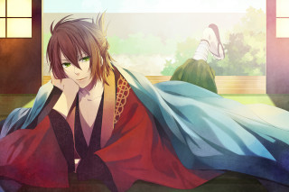 Woman kimono bed cat window - half body free wallpaper