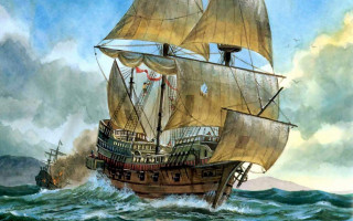 Ship ocean sky clouds painting - american scene painting free wallpaper