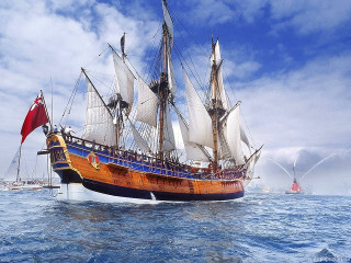 Wooden sailing ship ocean red - a detailed matte painting free wallpaper