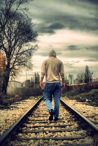 Man walking train track tree - stuckism free wallpaper